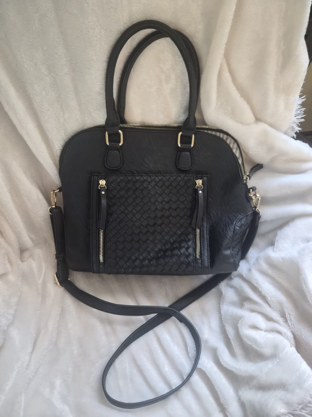 Miztique Black Woven Satchel Crossbody Bag Gold Hardware Structured Purse